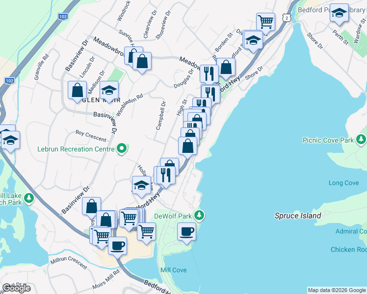 map of restaurants, bars, coffee shops, grocery stores, and more near 4 Lindsay Hill in Bedford
