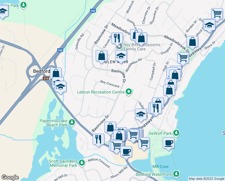 map of restaurants, bars, coffee shops, grocery stores, and more near 21 Lively Court in Bedford