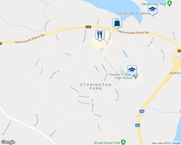 map of restaurants, bars, coffee shops, grocery stores, and more near 17 Castlestone Drive in Bedford