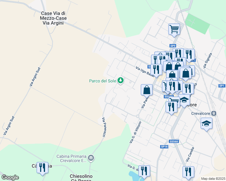 map of restaurants, bars, coffee shops, grocery stores, and more near 714 A Via Panerazzi in Crevalcore