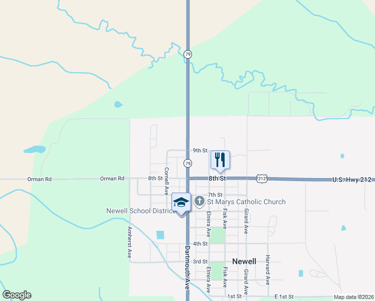 map of restaurants, bars, coffee shops, grocery stores, and more near 339 9th Street in Newell