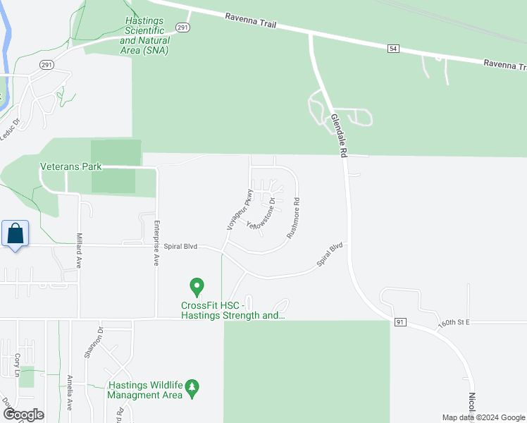 map of restaurants, bars, coffee shops, grocery stores, and more near 2610 Yellowstone Drive in Hastings