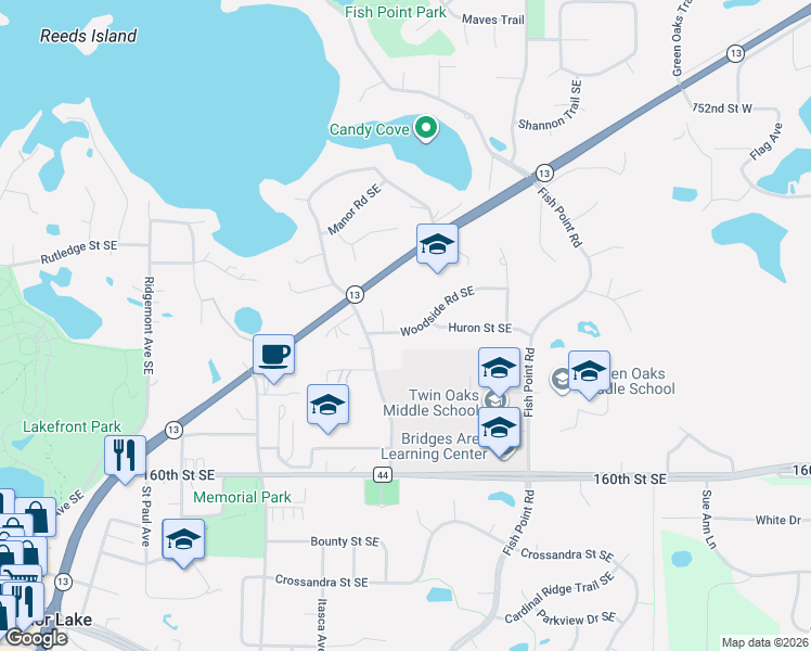 map of restaurants, bars, coffee shops, grocery stores, and more near 5577 Huron Street Southeast in Prior Lake