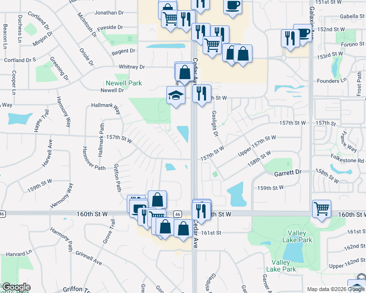 map of restaurants, bars, coffee shops, grocery stores, and more near 7600 157th Street West in Apple Valley