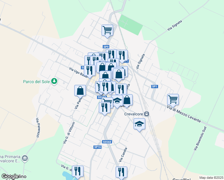 map of restaurants, bars, coffee shops, grocery stores, and more near 91-99 Viale Guglielmo Marconi in Crevalcore