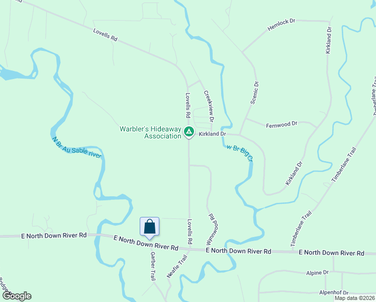 map of restaurants, bars, coffee shops, grocery stores, and more near Lovells Road in Grayling