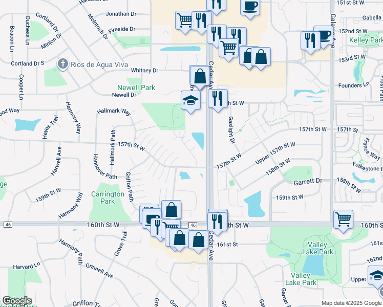 map of restaurants, bars, coffee shops, grocery stores, and more near 7632 157th Street West in Apple Valley