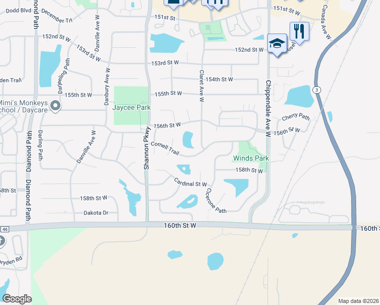 map of restaurants, bars, coffee shops, grocery stores, and more near 15762 Cardinal Circle in Rosemount