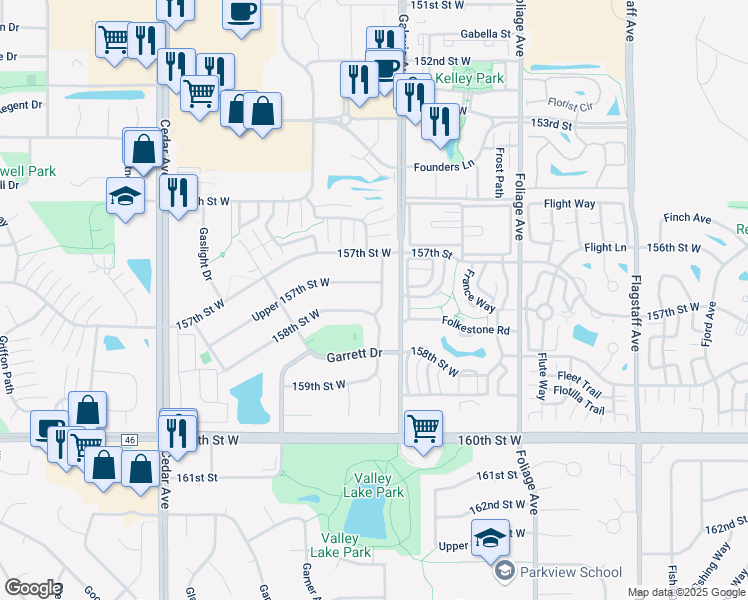 map of restaurants, bars, coffee shops, grocery stores, and more near 15832 Galveston Avenue in Apple Valley