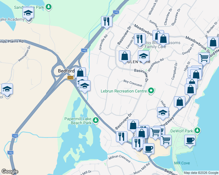 map of restaurants, bars, coffee shops, grocery stores, and more near 77 Bedford Hills Road in Bedford