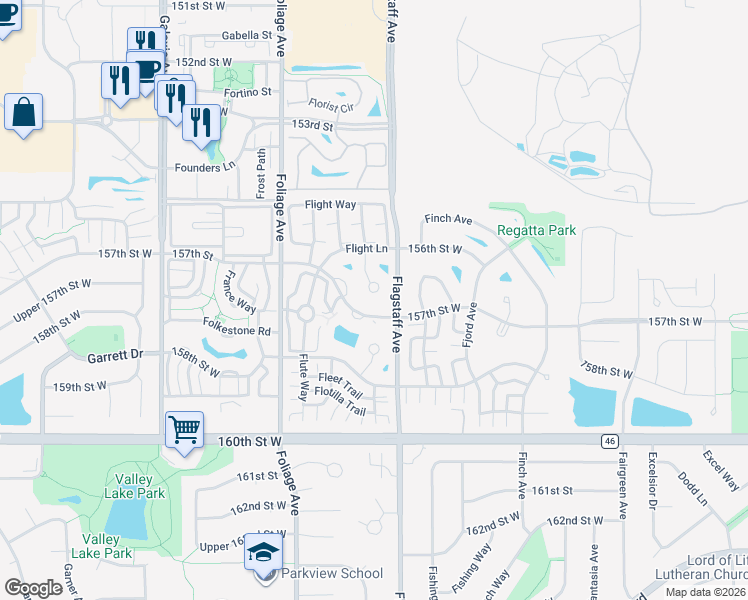 map of restaurants, bars, coffee shops, grocery stores, and more near 6405 157th Street West in Apple Valley