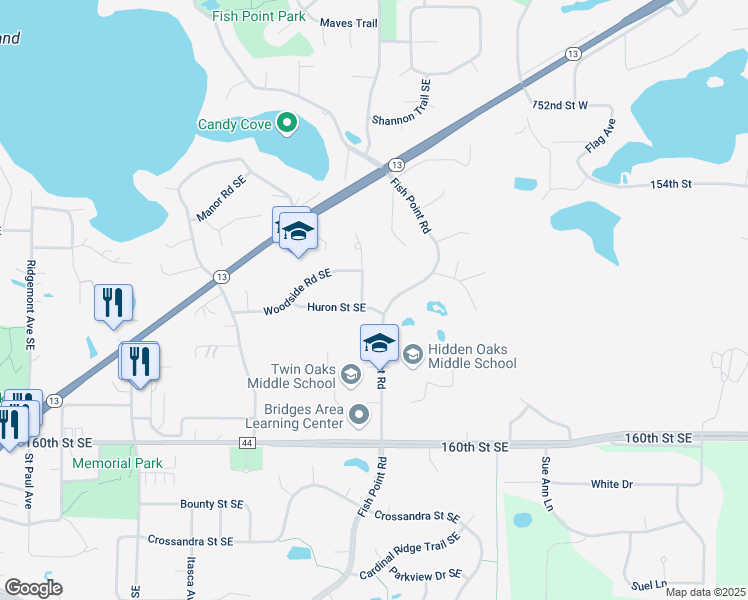 map of restaurants, bars, coffee shops, grocery stores, and more near 15739 Fish Point Road in Prior Lake