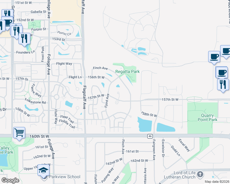 map of restaurants, bars, coffee shops, grocery stores, and more near 15687 Finewood Court in Apple Valley