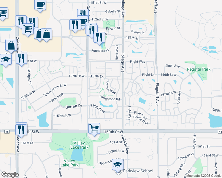 map of restaurants, bars, coffee shops, grocery stores, and more near 15728 France Way in Apple Valley
