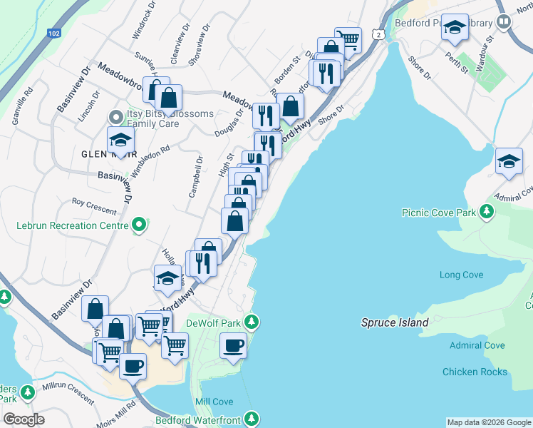 map of restaurants, bars, coffee shops, grocery stores, and more near 1 Shore Drive in Bedford