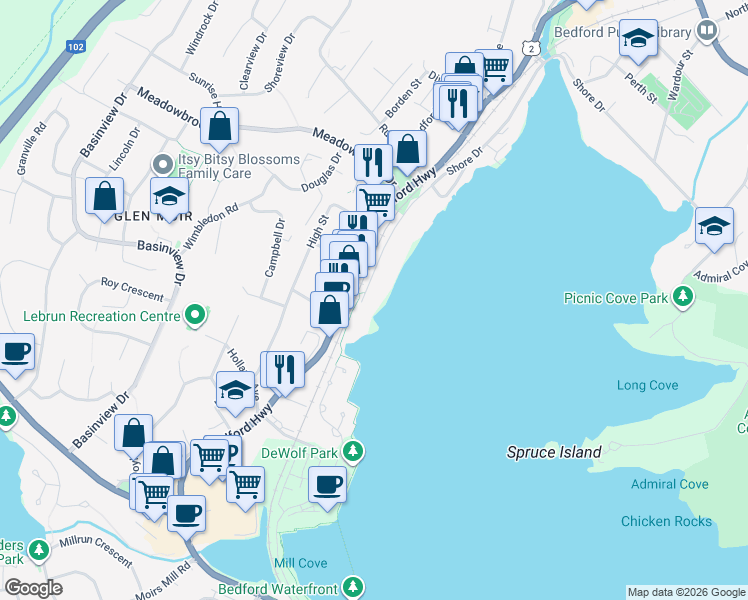 map of restaurants, bars, coffee shops, grocery stores, and more near 1 Shore Drive in Bedford
