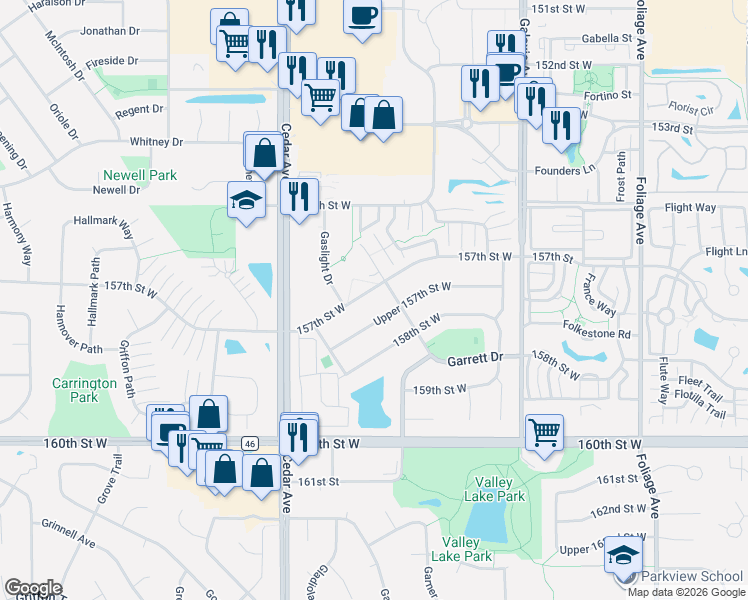 map of restaurants, bars, coffee shops, grocery stores, and more near 7335 Upper 157th Street West in Apple Valley