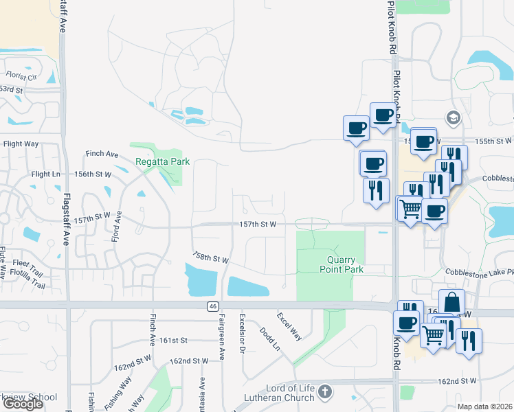 map of restaurants, bars, coffee shops, grocery stores, and more near 15664 Finch Avenue in Apple Valley