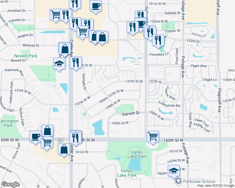 map of restaurants, bars, coffee shops, grocery stores, and more near 7185 Upper 157th Street West in Apple Valley