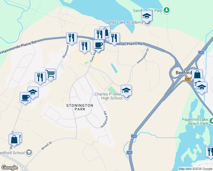 map of restaurants, bars, coffee shops, grocery stores, and more near 246 Innovation Drive in Bedford
