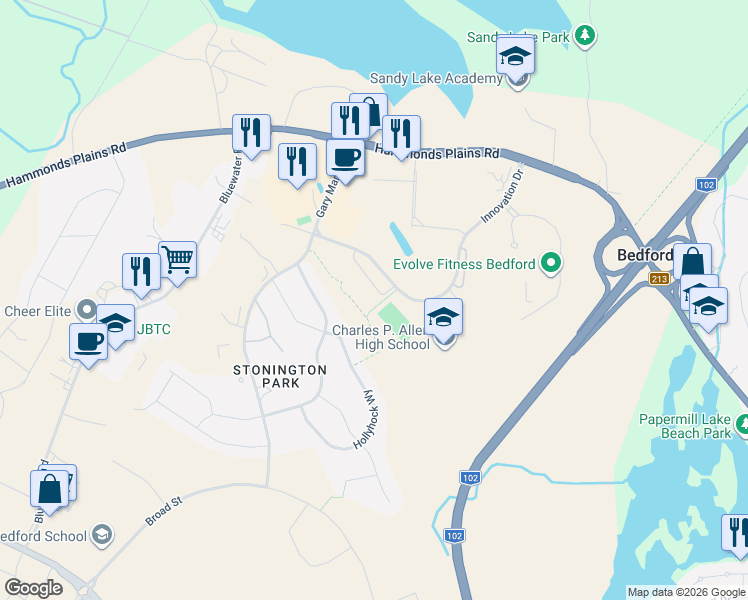 map of restaurants, bars, coffee shops, grocery stores, and more near 246 Innovation Drive in Bedford