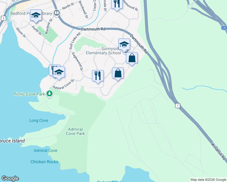 map of restaurants, bars, coffee shops, grocery stores, and more near 46 Snowy Owl Drive in Bedford