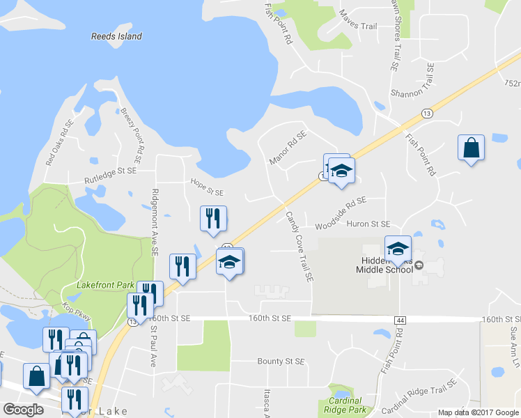 map of restaurants, bars, coffee shops, grocery stores, and more near 5317 Lemley Circle Southeast in Prior Lake