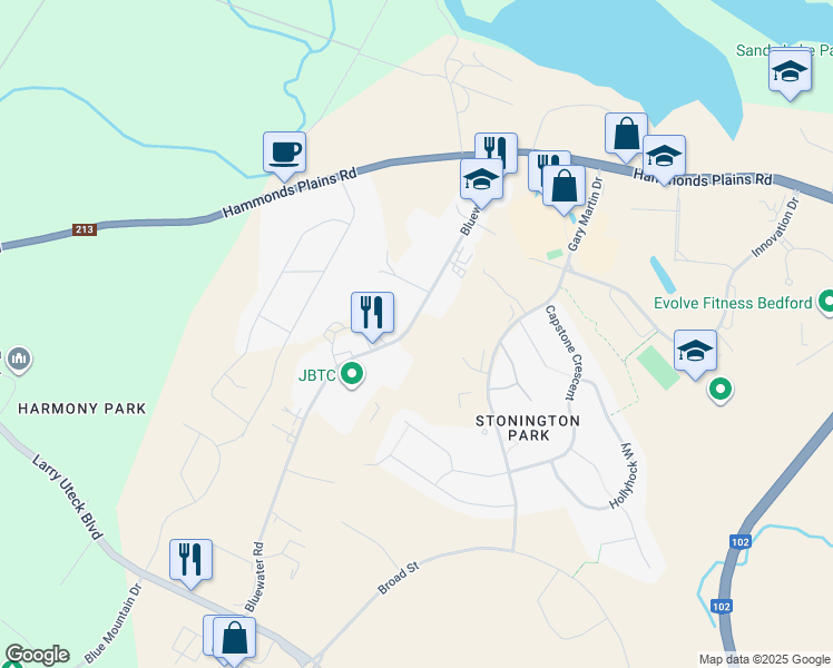 map of restaurants, bars, coffee shops, grocery stores, and more near 130 Bluewater Road in Bedford
