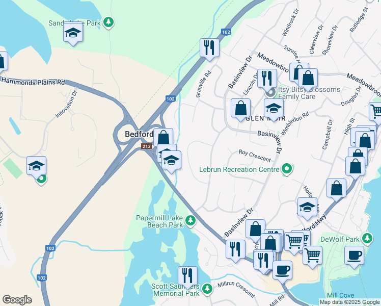 map of restaurants, bars, coffee shops, grocery stores, and more near 49 Village Crescent in Bedford