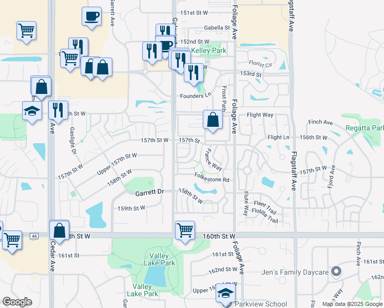 map of restaurants, bars, coffee shops, grocery stores, and more near 15717 Fremont Way in Apple Valley