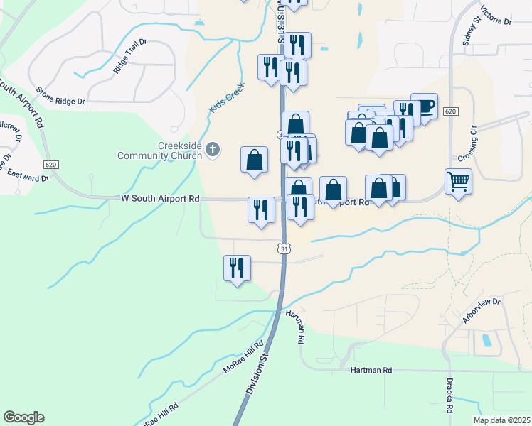 map of restaurants, bars, coffee shops, grocery stores, and more near 3535 West South Airport Road in Traverse City
