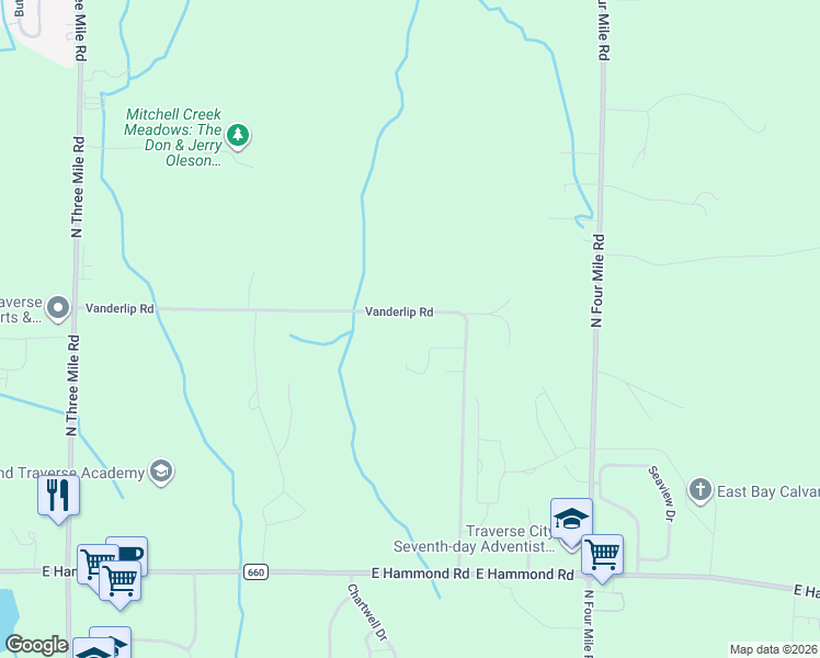 map of restaurants, bars, coffee shops, grocery stores, and more near 1128-1998 Vanderlip Road in Traverse City