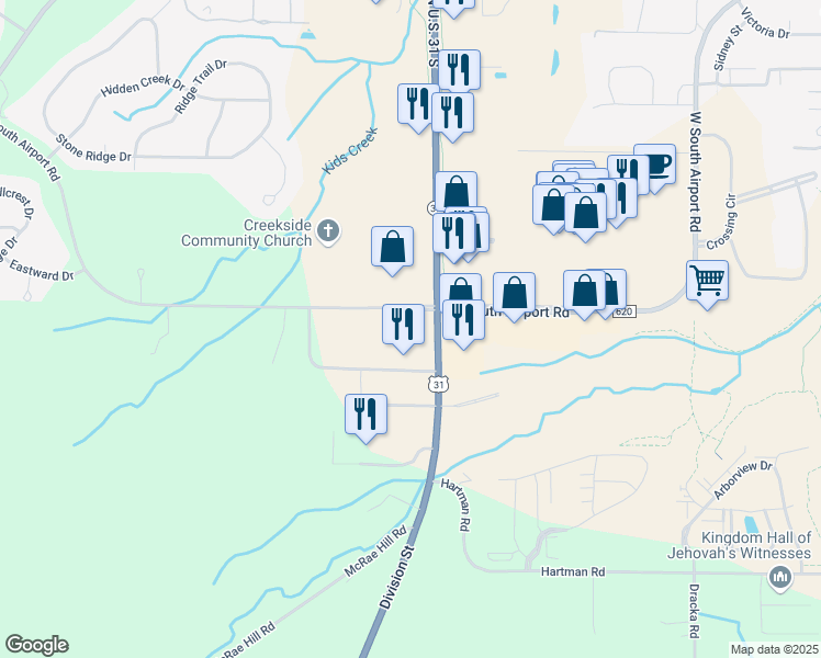 map of restaurants, bars, coffee shops, grocery stores, and more near 3535 West South Airport Road in Traverse City