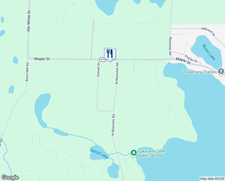 map of restaurants, bars, coffee shops, grocery stores, and more near 6396 North Reynolds Road in Lake Ann