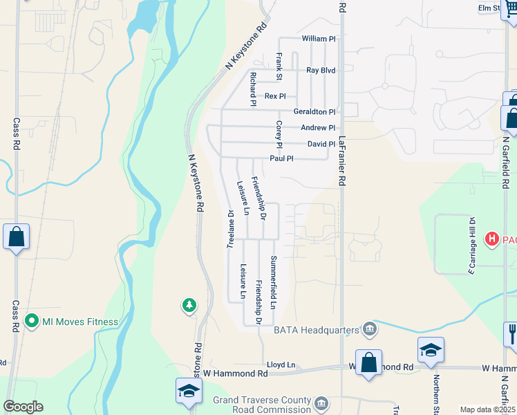 map of restaurants, bars, coffee shops, grocery stores, and more near 2377 Friendship Drive in Traverse City