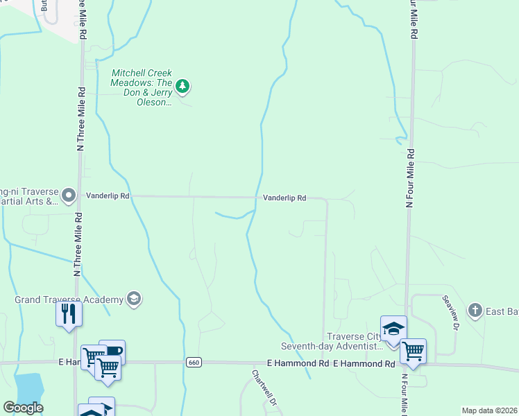 map of restaurants, bars, coffee shops, grocery stores, and more near 1128-1700 Vanderlip Road in Traverse City