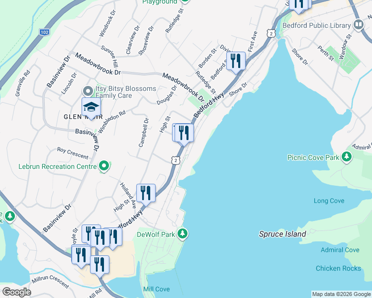 map of restaurants, bars, coffee shops, grocery stores, and more near 1189 Bedford Highway in Bedford