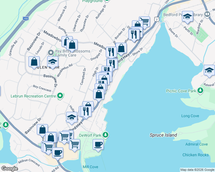 map of restaurants, bars, coffee shops, grocery stores, and more near 1189 Bedford Highway in Bedford