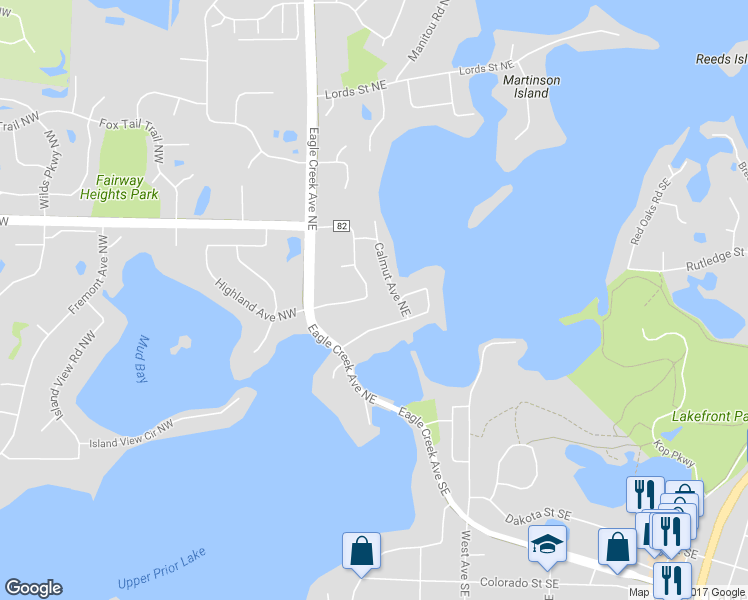 map of restaurants, bars, coffee shops, grocery stores, and more near 4131 Eau Claire Trail Northeast in Prior Lake