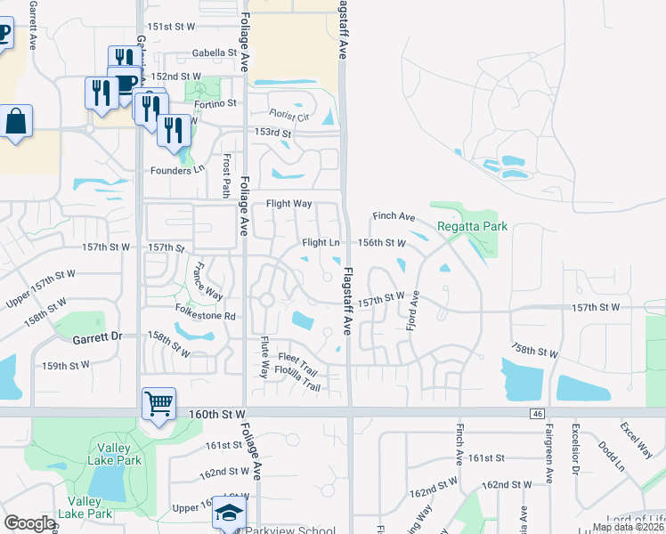 map of restaurants, bars, coffee shops, grocery stores, and more near 15630 Float Court in Apple Valley