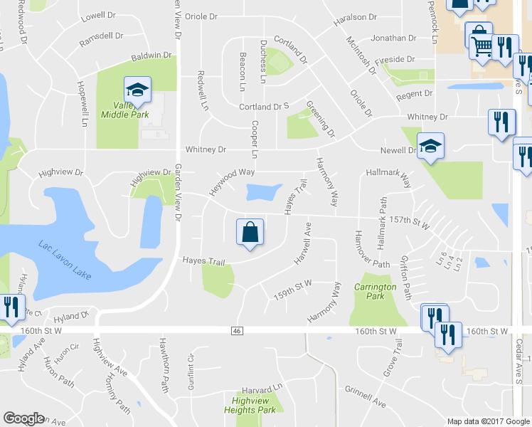 map of restaurants, bars, coffee shops, grocery stores, and more near 8303 Hemlock Court in Apple Valley