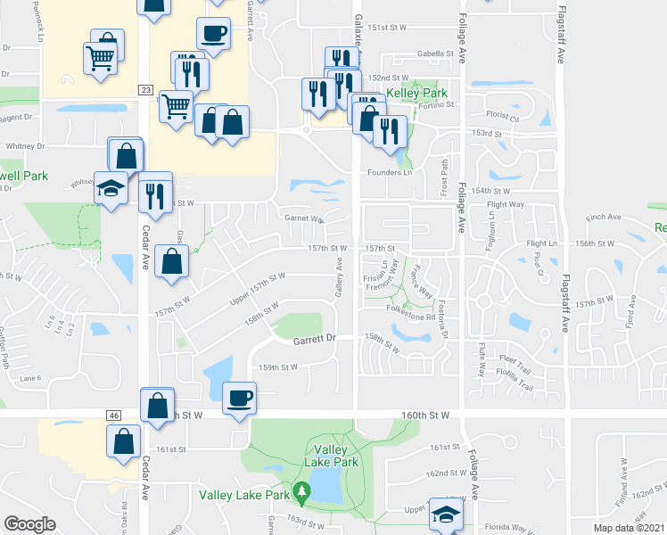 map of restaurants, bars, coffee shops, grocery stores, and more near 7055 Upper 157th Street West in Apple Valley