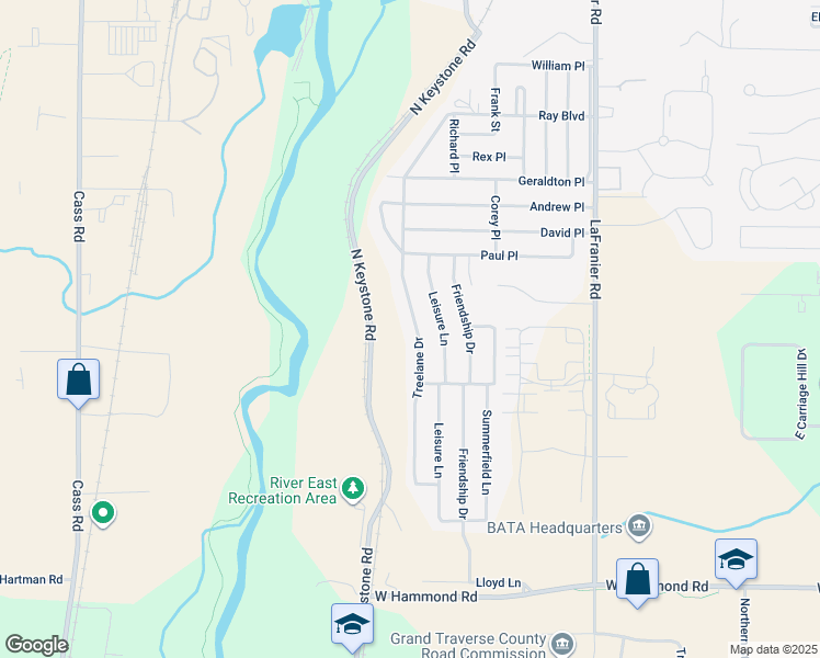 map of restaurants, bars, coffee shops, grocery stores, and more near 2394 Treelane Drive in Traverse City
