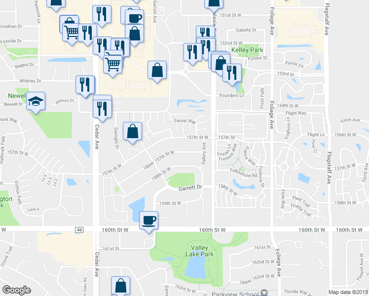 map of restaurants, bars, coffee shops, grocery stores, and more near 7125 Upper 157th Street West in Apple Valley