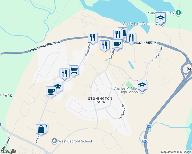 map of restaurants, bars, coffee shops, grocery stores, and more near Gary Martin Drive in Bedford