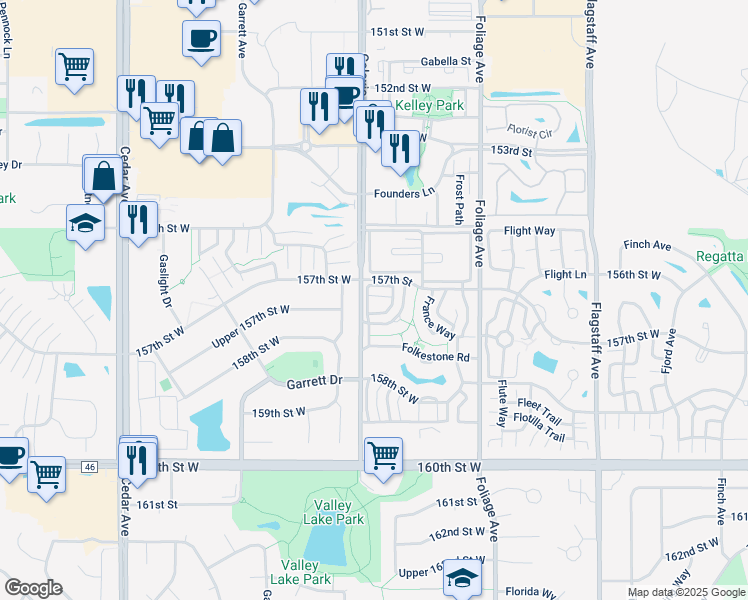 map of restaurants, bars, coffee shops, grocery stores, and more near 15720 Frisian Lane in Apple Valley