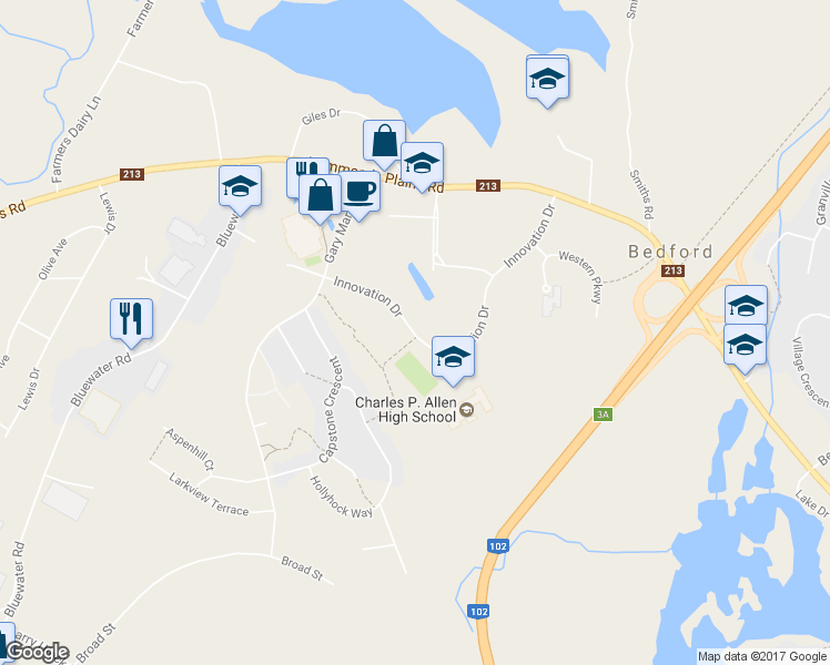 map of restaurants, bars, coffee shops, grocery stores, and more near 257 Innovation Drive in Bedford