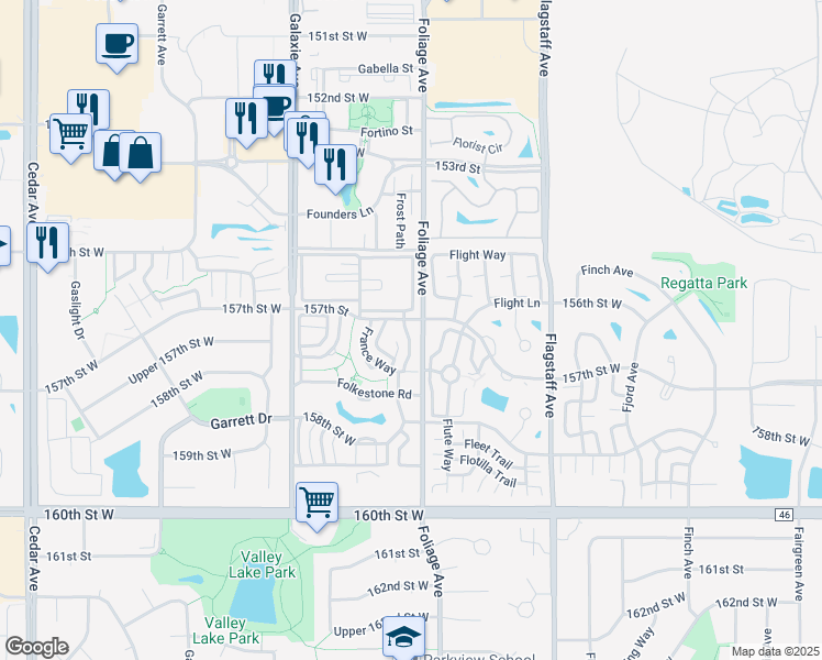 map of restaurants, bars, coffee shops, grocery stores, and more near 15719 Foliage Avenue in Apple Valley