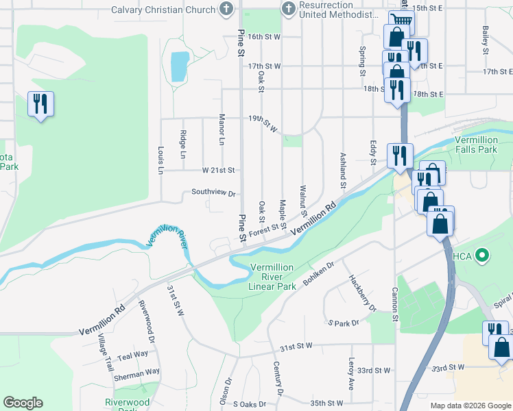 map of restaurants, bars, coffee shops, grocery stores, and more near 1978 Oak Street in Hastings