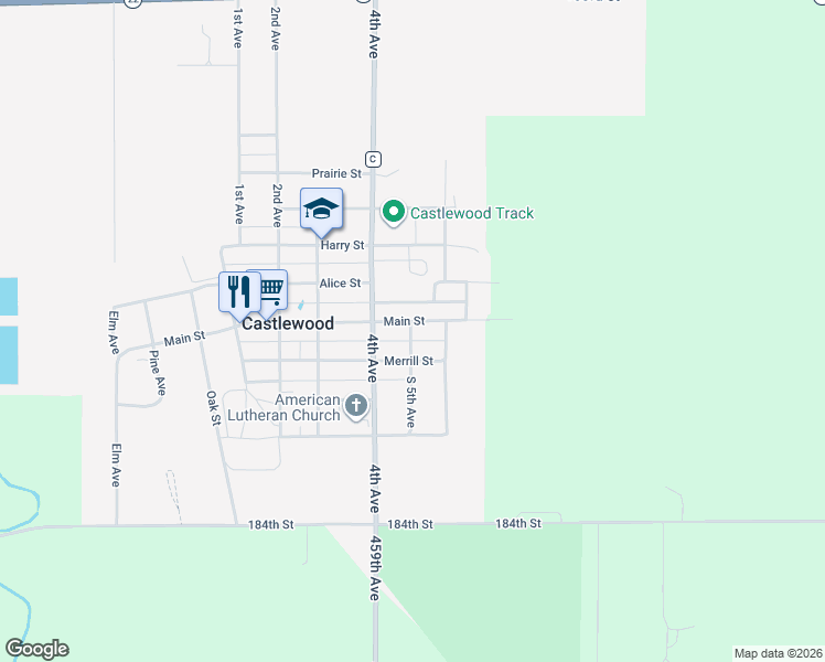 map of restaurants, bars, coffee shops, grocery stores, and more near 501 Main Street in Castlewood